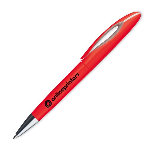 Roter Kunststoff-Kugelschreiber mit Clip und Druckknopf.