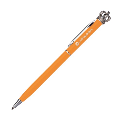 Oranger Kugelschreiber aus Metall mit Clip und Kronen-Verzierung.