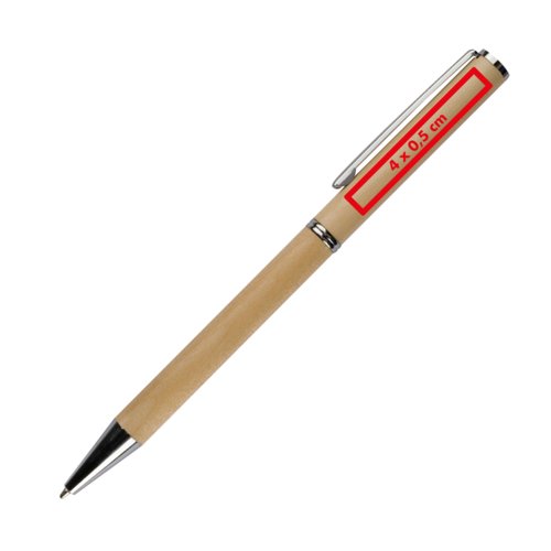 Holz-Kugelschreiber mit Clip und Metallelementen.
