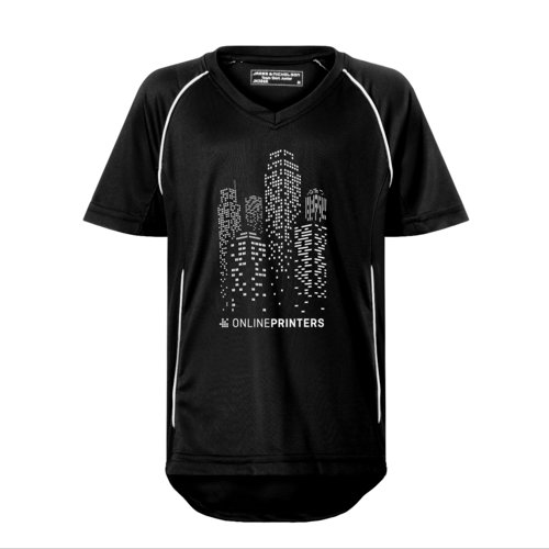 Schwarz-weies Kinder-Teamshirt aus Polyester mit V-Ausschnitt.