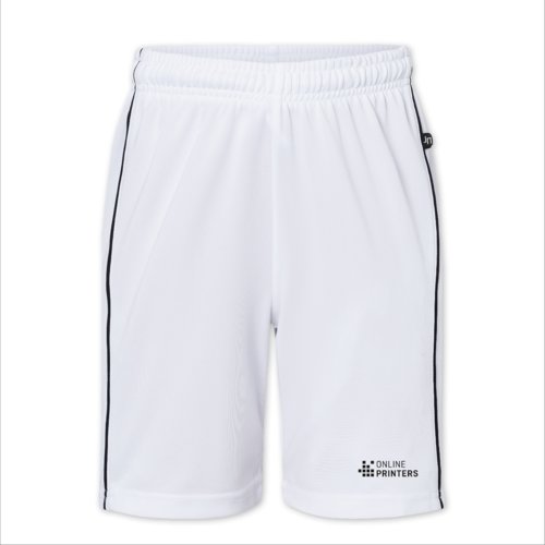 Weisse Kinder-Sportshorts aus Polyester mit elastischem Bund.