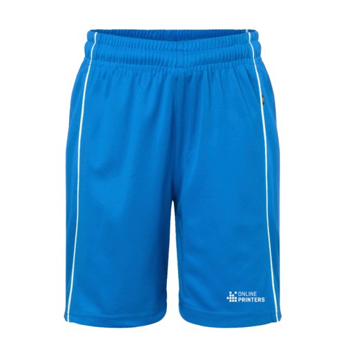Royalblaue Polyester-Shorts mit elastischem Bund und weien Seitenstreifen.