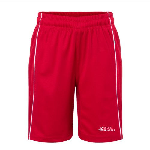 Rote Polyester-Shorts mit elastischem Bund und seitlichen Kontraststreifen.