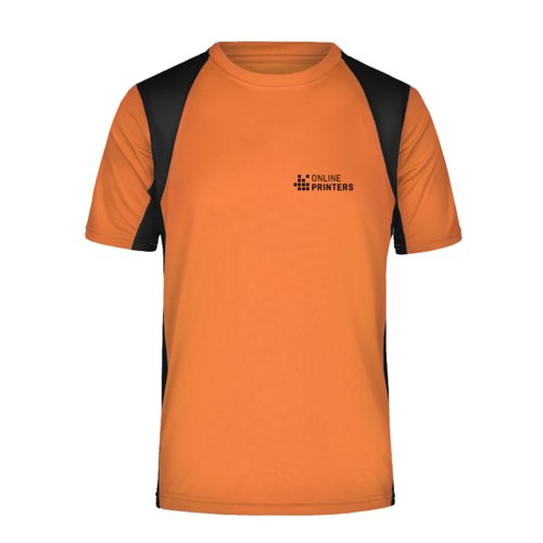 Orangefarbenes Funktionsshirt aus Polyester für Herren mit kurzen Ärmeln.