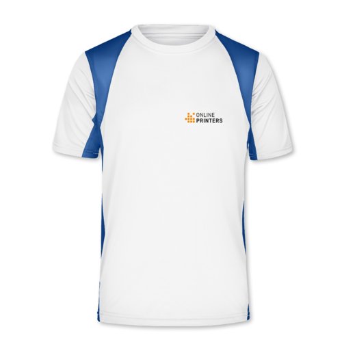 Weißes/blaues Funktionsshirt aus Polyester mit kurzen Ärmeln.