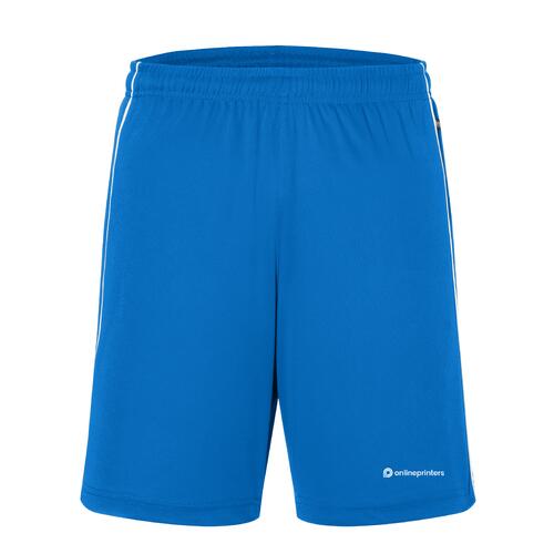 Blaue Polyester-Shorts mit elastischem Bund und Kordelzug.