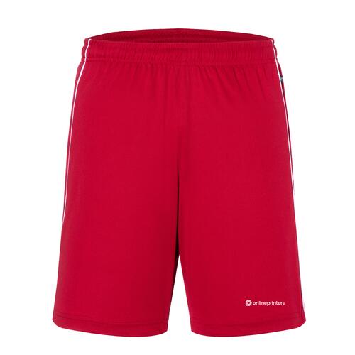 Rote Polyester-Shorts mit elastischem Bund und wei�en Akzentstreifen.