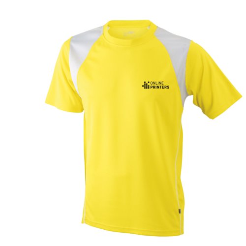Gelbes Herren-Laufshirt aus Polyester mit kurzen rmeln.