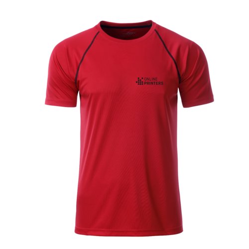 Rotes Polyester T-Shirt mit kurzen rmeln.