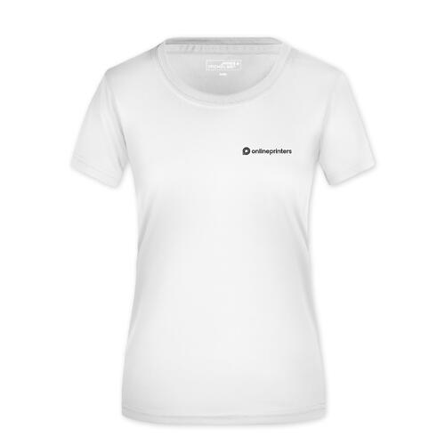 Wei�es Polyester T-Shirt f�r Damen mit kurzen �rmeln.