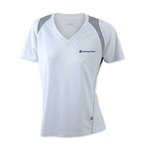Wei�es Damen-Laufshirt aus Polyester mit V-Ausschnitt.