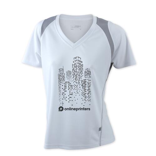 Wei�es Polyester-Laufshirt f�r Damen mit V-Ausschnitt und kurzen �rmeln.