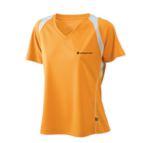 Orangefarbenes Damen-Laufshirt aus Polyester mit V-Ausschnitt.