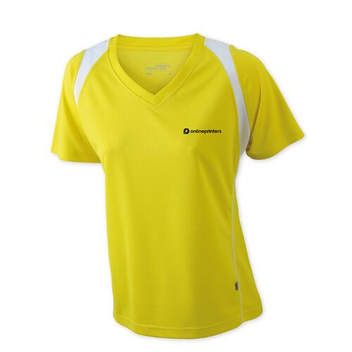 Gelbes Damen-Laufshirt aus Polyester mit V-Ausschnitt und kurzen �rmeln.