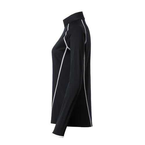 Schwarzes Damen-Langarmshirt aus Polyester mit sportlichem Schnitt.
