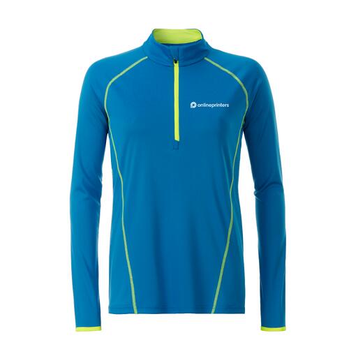 Blau-Neongelbes Polyester-Langarmshirt mit kurzem Rei�verschluss.