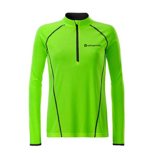 Neongr�nes Polyester-Langarmshirt mit Rei�verschluss f�r Damen.