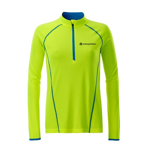 Neongelbes Polyester Langarmshirt f�r Damen mit Rei�verschluss.