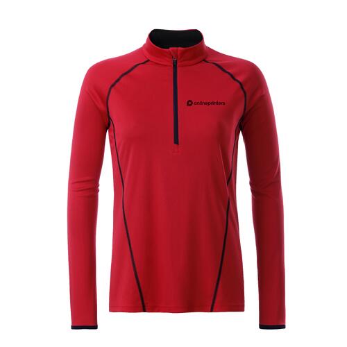 Rotes Polyester-Langarmshirt mit kurzem Rei�verschluss f�r Damen.