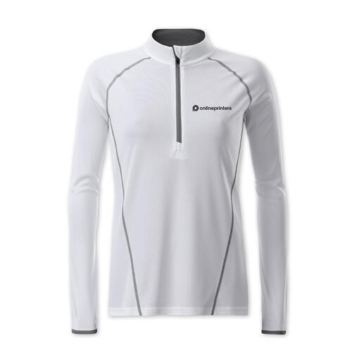 Wei�es Langarmshirt aus Polyester mit Rei�verschluss f�r Damen.