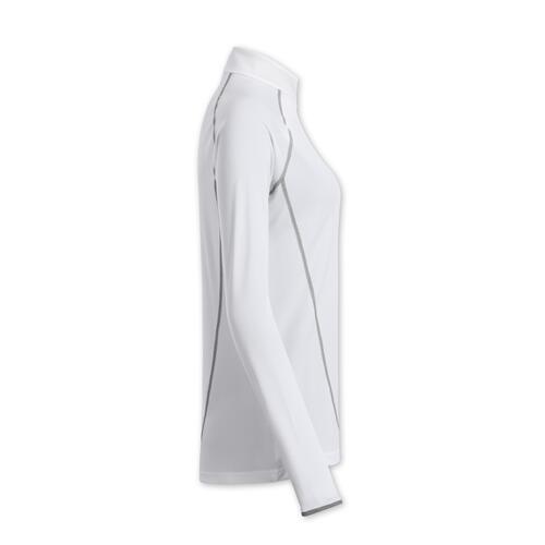 Wei�es Polyester-Langarmshirt f�r Damen mit Stehkragen.
