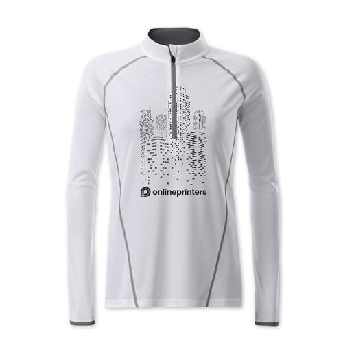 Wei�es Polyester Langarmshirt mit Rei�verschluss.