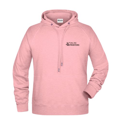 Rosa melierter Baumwoll-Polyester-Hoodie für Herren mit Kapuze und Kordelzug.