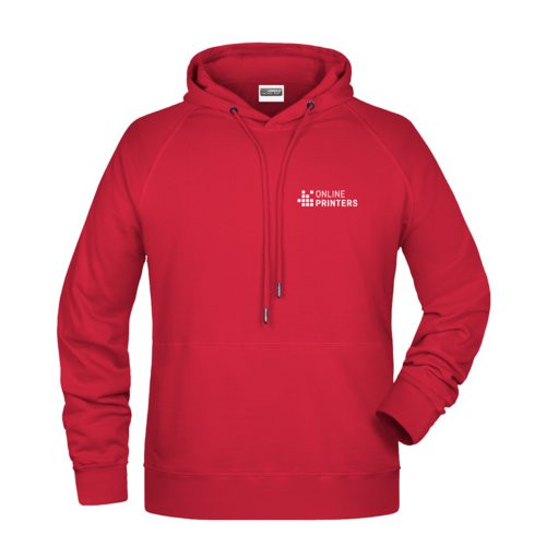 Roter Baumwoll-Polyester-Hoodie für Herren mit Kordelzug.