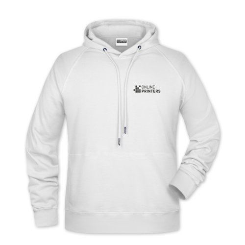 Weißer Baumwoll-Polyester-Hoodie für Herren mit Kapuze und Kordelzug.