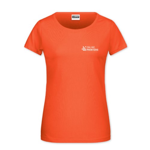 Aprikotfarbenes Baumwoll-T-Shirt fr Damen mit kurzen rmeln.
