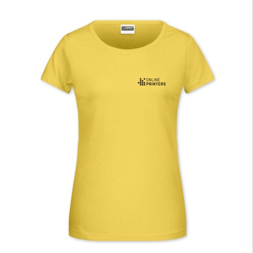 Gelbes Baumwoll-T-Shirt fr Damen mit kurzen rmeln und Rundhalsausschnitt.