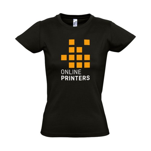 Tiefschwarzes Baumwoll-T-Shirt fr Damen mit kurzen rmeln.