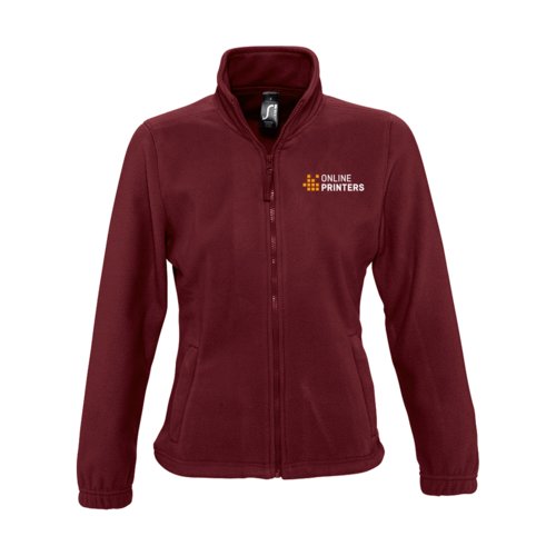 Burgunder Damen Fleecejacke aus Polyester mit durchgehendem Reiverschluss und Taschen.