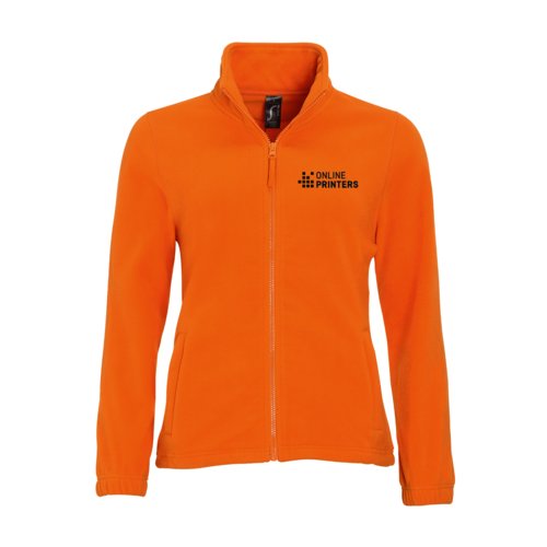 Orangefarbene Fleecejacke aus Polyester fr Damen mit durchgehendem Reiverschluss.