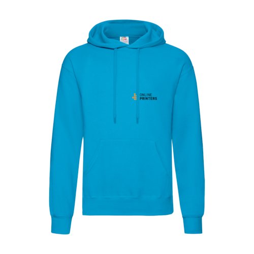 Azurblauer Baumwoll-Polyester-Hoodie fr Herren mit Kapuze und Kngurutasche.
