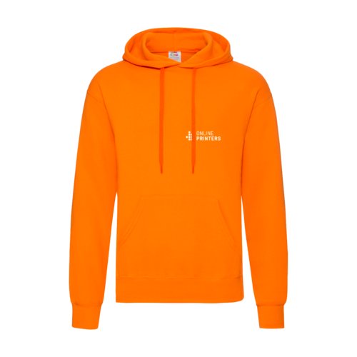 Oranger Hoodie aus Baumwollmischgewebe mit Kapuze und Kngurutasche.