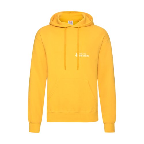 Gelber Baumwoll-Polyester-Hoodie fr Herren mit Kapuze und Kngurutasche.