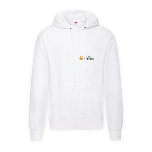 Weier Baumwoll-Polyester-Hoodie fr Herren mit Kapuze und Kngurutasche.