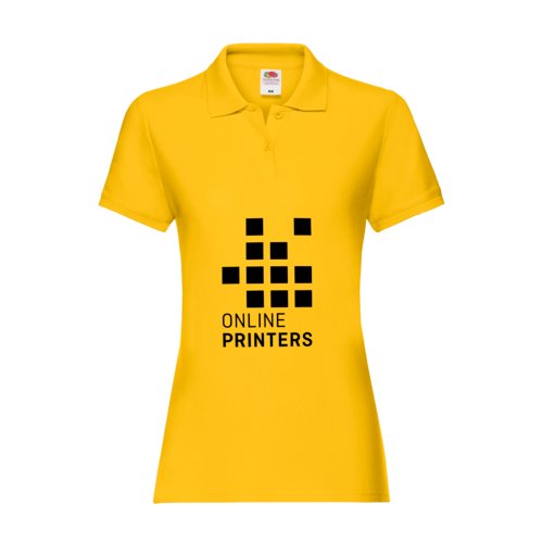 Gelbes Baumwoll-Poloshirt im Damen-Schnitt mit kurzer Knopfleiste.