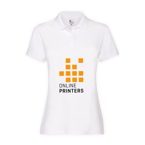 Weies Baumwoll-Poloshirt fr Damen mit kurzen rmeln und Kragen.