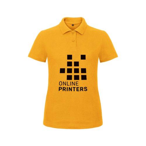 Goldgelbes Baumwoll-Poloshirt fr Damen mit kurzer Knopfleiste.