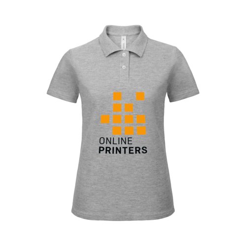 Grau meliertes Damen-Poloshirt aus Baumwolle mit kurzer Knopfleiste.