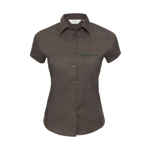 Braune Baumwoll-Bluse mit kurzen rmeln und Knopfleiste fr Damen.