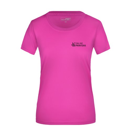 Pinkes Polyester T-Shirt für Damen mit kurzen Ärmeln.