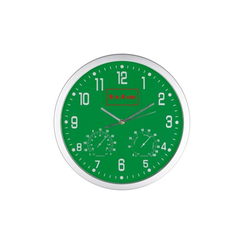Grne Wanduhr mit Stunden-, Minuten- und Sekundenzeiger.