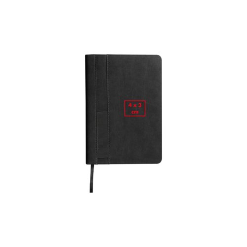 Schwarzes Notizbuch mit Gummibandverschluss und Stiftschlaufe.