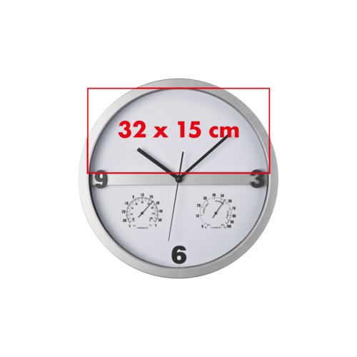Silberne Wanduhr mit integriertem Thermometer und Hygrometer.