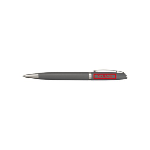 Grauer Metall-Kugelschreiber mit Clip und Druckknopfmechanik.