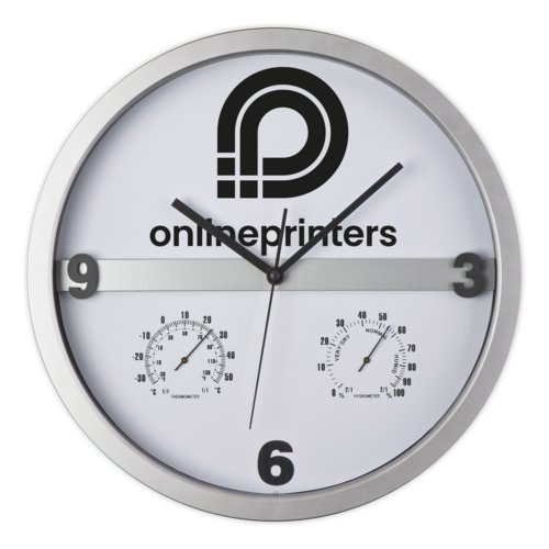 Silberne Wanduhr mit Thermometer und Hygrometer.