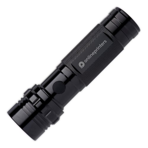 Schwarzes Metall-Taschenlampen- und Multitool-Set mit Griff.